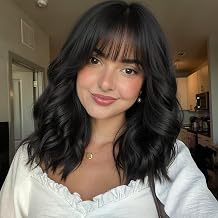 Short Bob Wavy Wigs With Bangs for Women Black Layered Curly Wig 16 Inch | Shoulder Length Bob Wig Glueless Throw on and Go Synthetic Heat Resistant Fiber for Daily Party Use