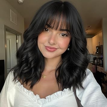 Short Bob Wavy Wigs With Bangs for Women Black Layered Curly Wig 16 Inch