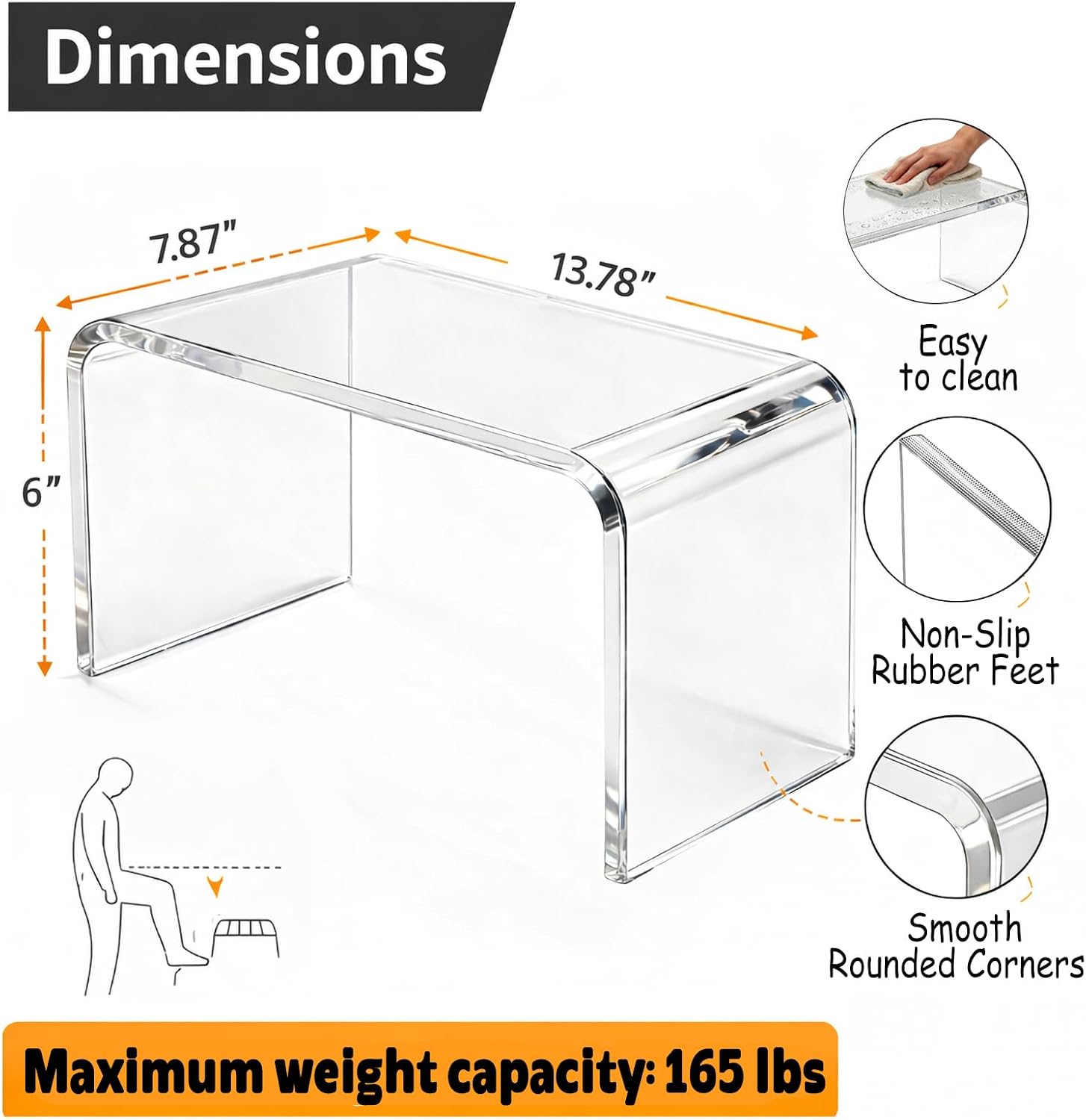 6 Inch Clear Acrylic One Step Stool, Anti-Slip Single Foot Stool for Bathroom Bedroom, Supports Up to 155 Lbs(Clear, Tall-6'')