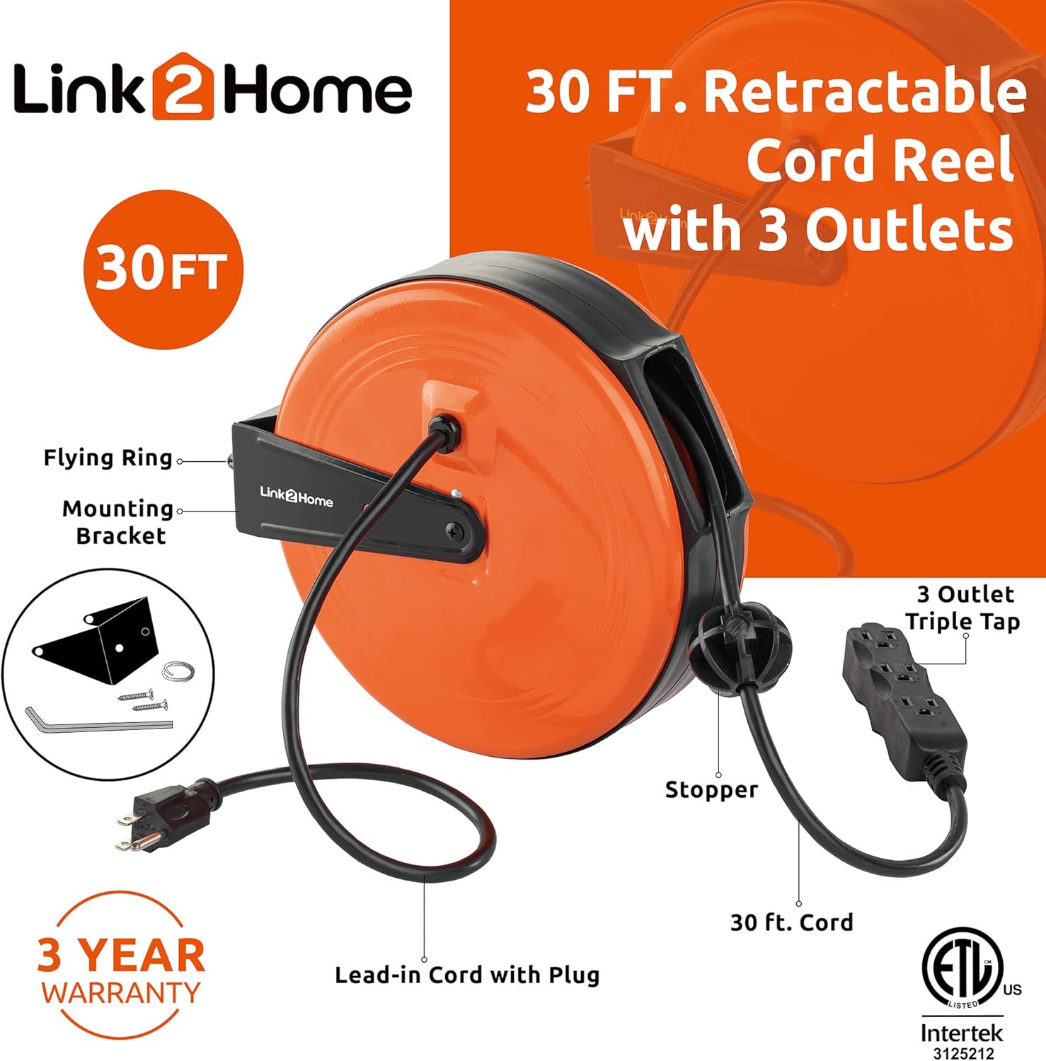 Link2Home 30 Ft Retractable Extension Cord Reel with 3 Outlets, Ceiling or Wall Mountable, 16/3 SJTW Cable, Circuit Breaker, Metal Mounting Plate and Hardware for Garage or Workshop