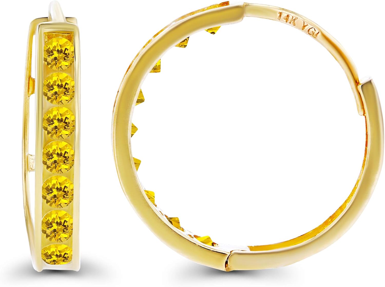 Solid 14K Gold 3x17mm Genuine Birthstone Channel Set Huggie Earrings For Women | 3mm Round Birthstone | Natural or Created Gemstone Huggie Hoop Earrings For Women