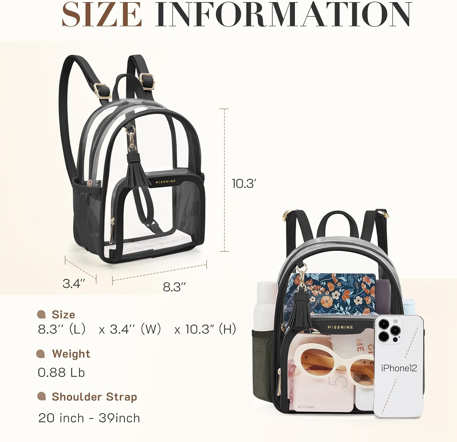 Missnine Small Clear Backpack Stadium Approved, Thick PVC Mini Clear Bag with Leather Trim for Sports Event, Concert, Festival, Black - Image 2
