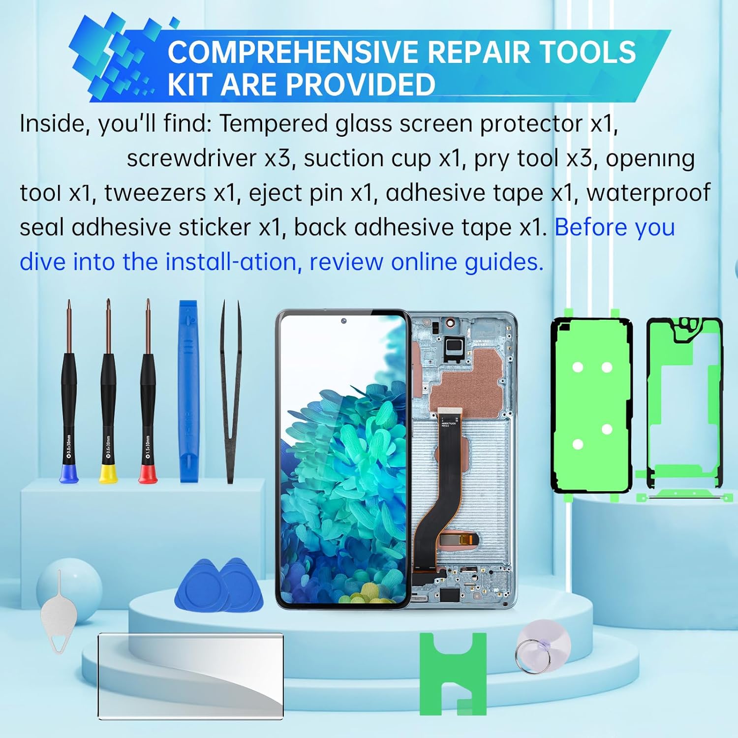 AMOLED Screen Replacement for Samsung Galaxy S20 Plus 5G OLED Display Touch Digitizer Full Assembly with Cloud Blue Frame and Side Button Glass Repair Tools Kit SM-G986U SM-G986U1