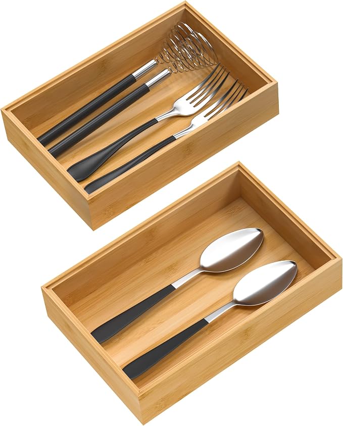 VeyFey Silverware Tray for Drawer, Stackable Kitchen Bamboo Drawer Organizer 12" x 6" x 2" Set of 2