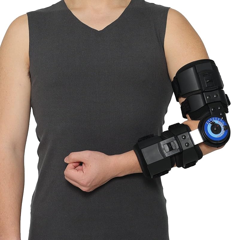 Hinged ROM Elbow Brace, Adjustable Post OP Stabilizer for Surgery Recovery, Fracture and Tendon Repair Rehabilitation - Telescoping Arm Splint with Locking Hinges, Left