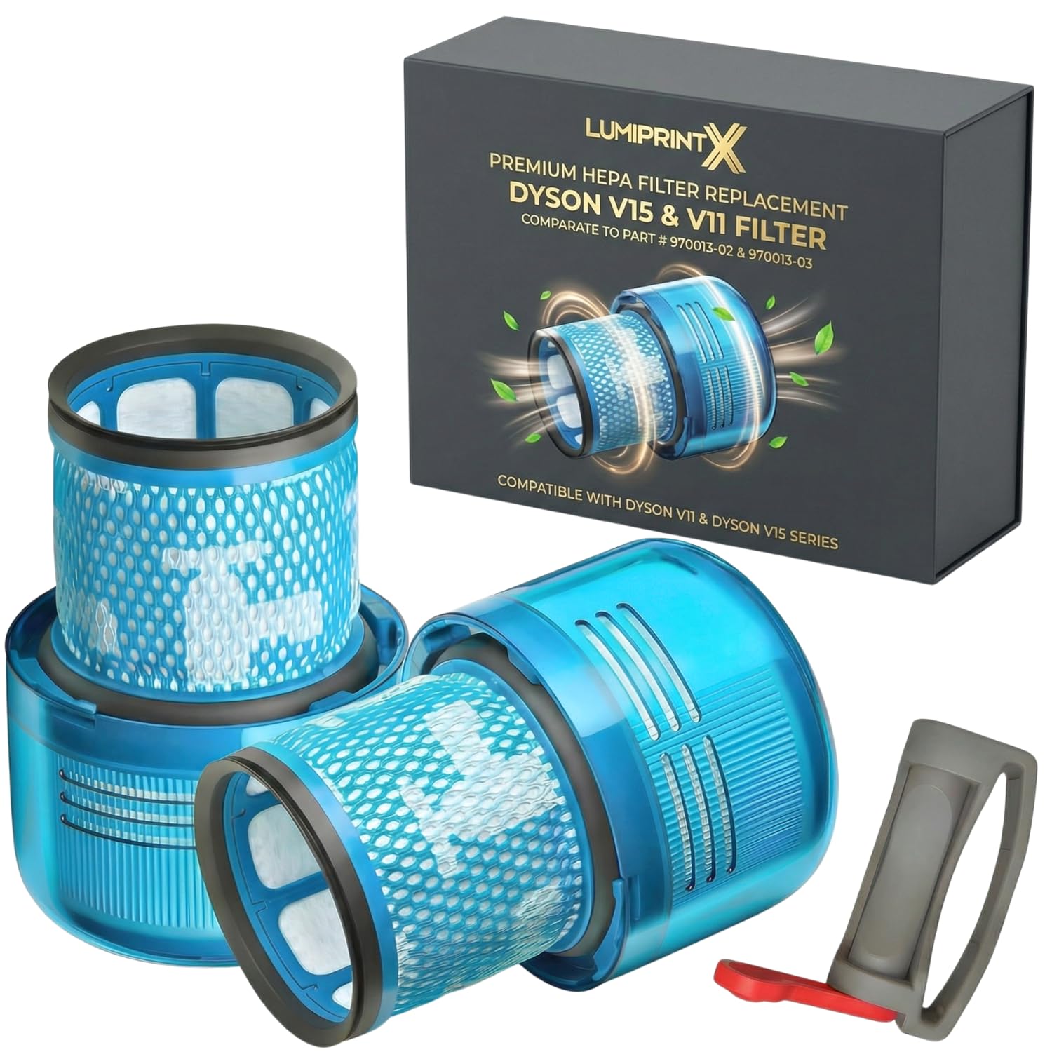 2-Pack True HEPA Replacement Filters Compatible with Dyson V15 Detect/Absolute/Submarine, V11 Animal/Completed/Absolute, Replaces Part 970013-02, with On/Off Button Clamp