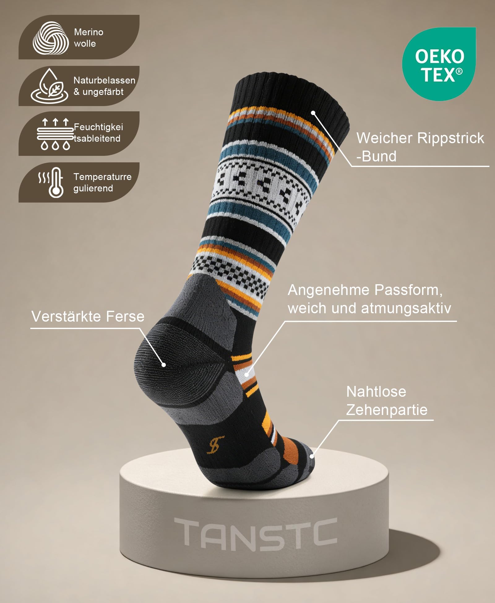TANSTC Merino Wandersocken Socken Herren Damen Dicke Thermosocken Wintersocken Professionell Winter Arbeitssocken Anti-Blasen & Gepolstert Wollsocken, 3 Paar