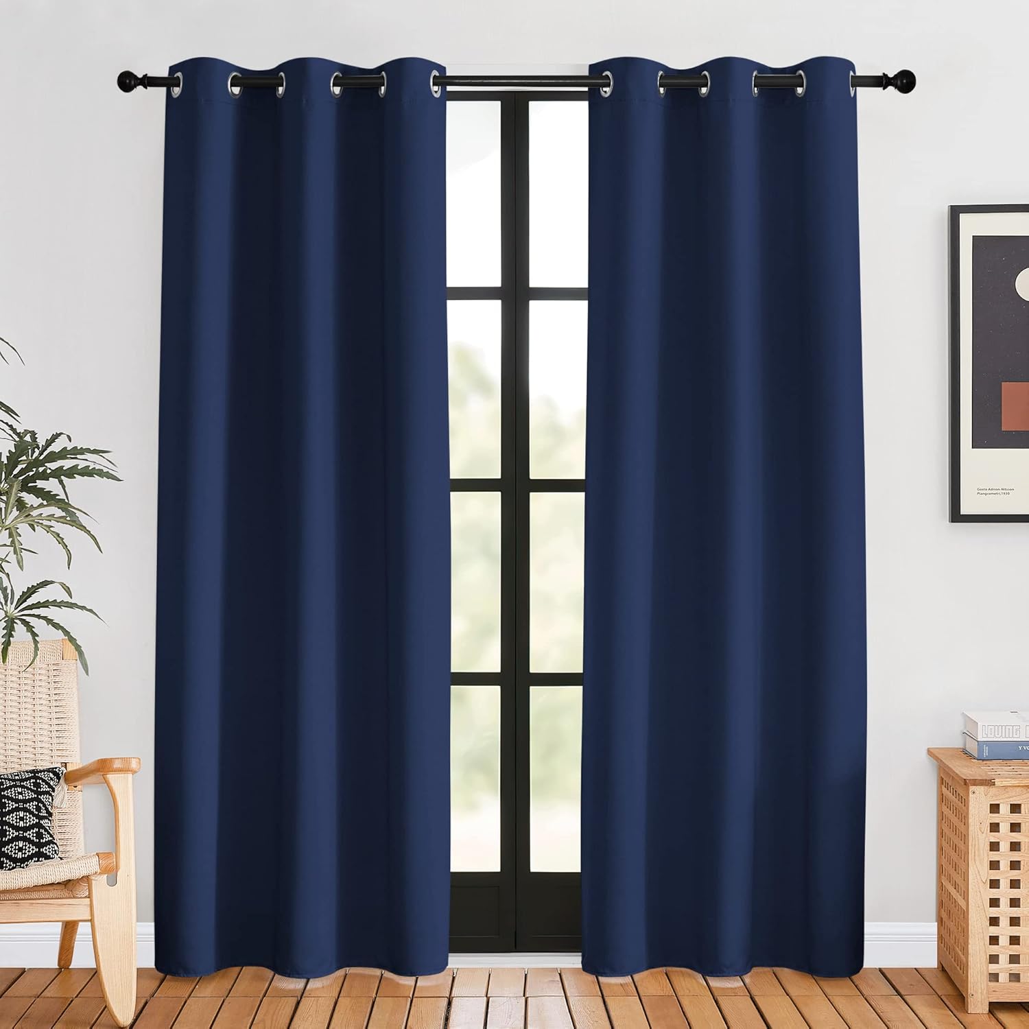 NICETOWN 1 Panel 46" x 63" Tie up Curtain with 2 Panles 42" x 80" Gromemt Blackout Curtains for Living Room Thermal Insulated Window Shade for Bedroom, Navy