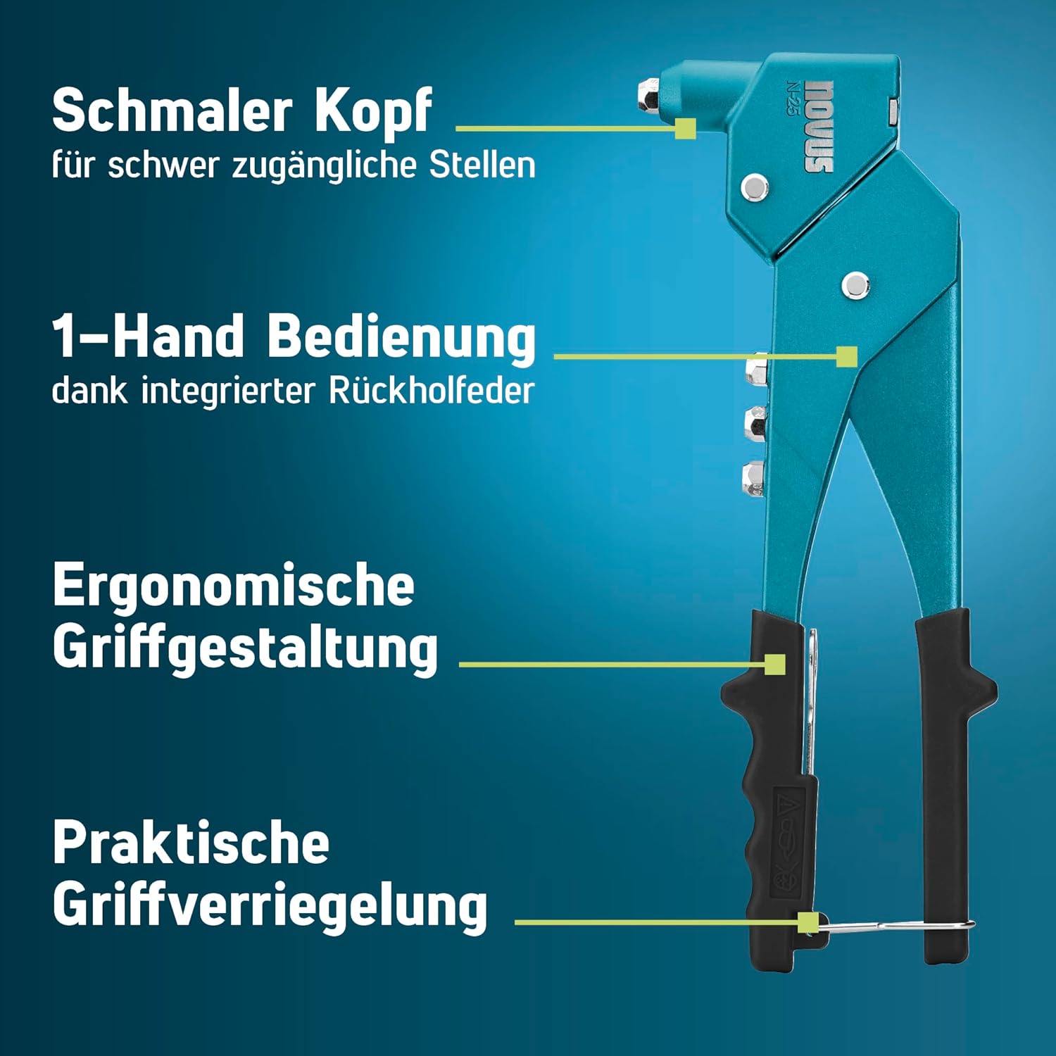 N-25 Vario Set of 100 Blind Rivets Aluminium Rivet Pliers with 360° Swivel Head, 1-Hand Operation, Ergonomic Handle Design, Return Spring