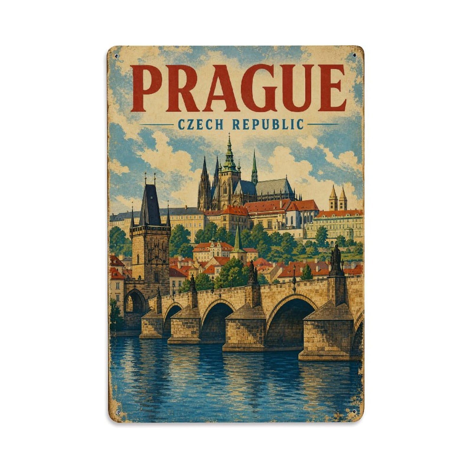 Retro Travel Czech Republic Prague Metal Tin Sign Plaque Wall Decor for Cafe, Club Bar, Office, Garden Metal Poster 8x12Inch