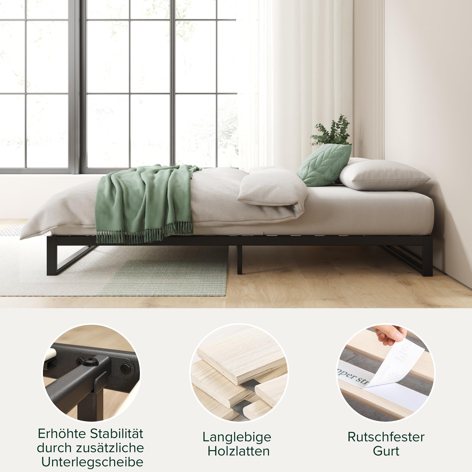 Zinus Trisha Bettgestell 140x200 cm - 18 cm Niedrige Bauweise - Metallbett 140x200 mit Lattenrost aus Holz - Umweltfreundliche Verpackung & Einfache Montage - Schwarz