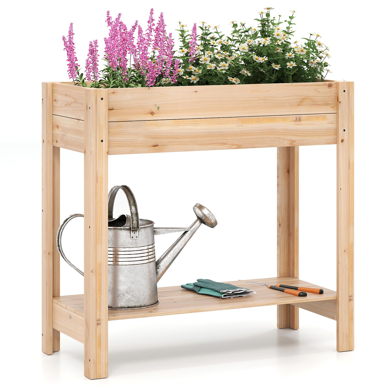 COSTWAY Fioriera Elevata con Base a Doghe e Ripiano Inferiore | Orto Elevato in Legno Massello per Fiori, Erbe e Verdure da Giardino, Cortile e Patio, 81 x 38 x 77 cm
