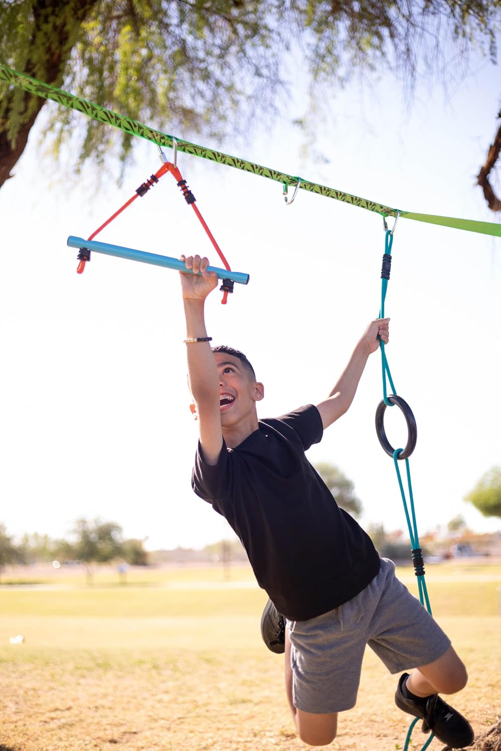 Vine Rings – Gymnastics Rings for Kids | 3-Ring Red Ninja Rope Ladder Climber | Gymnastic Hanging Rings | Playground Accessories | Ninja Warrior Obstacle Course Add-On