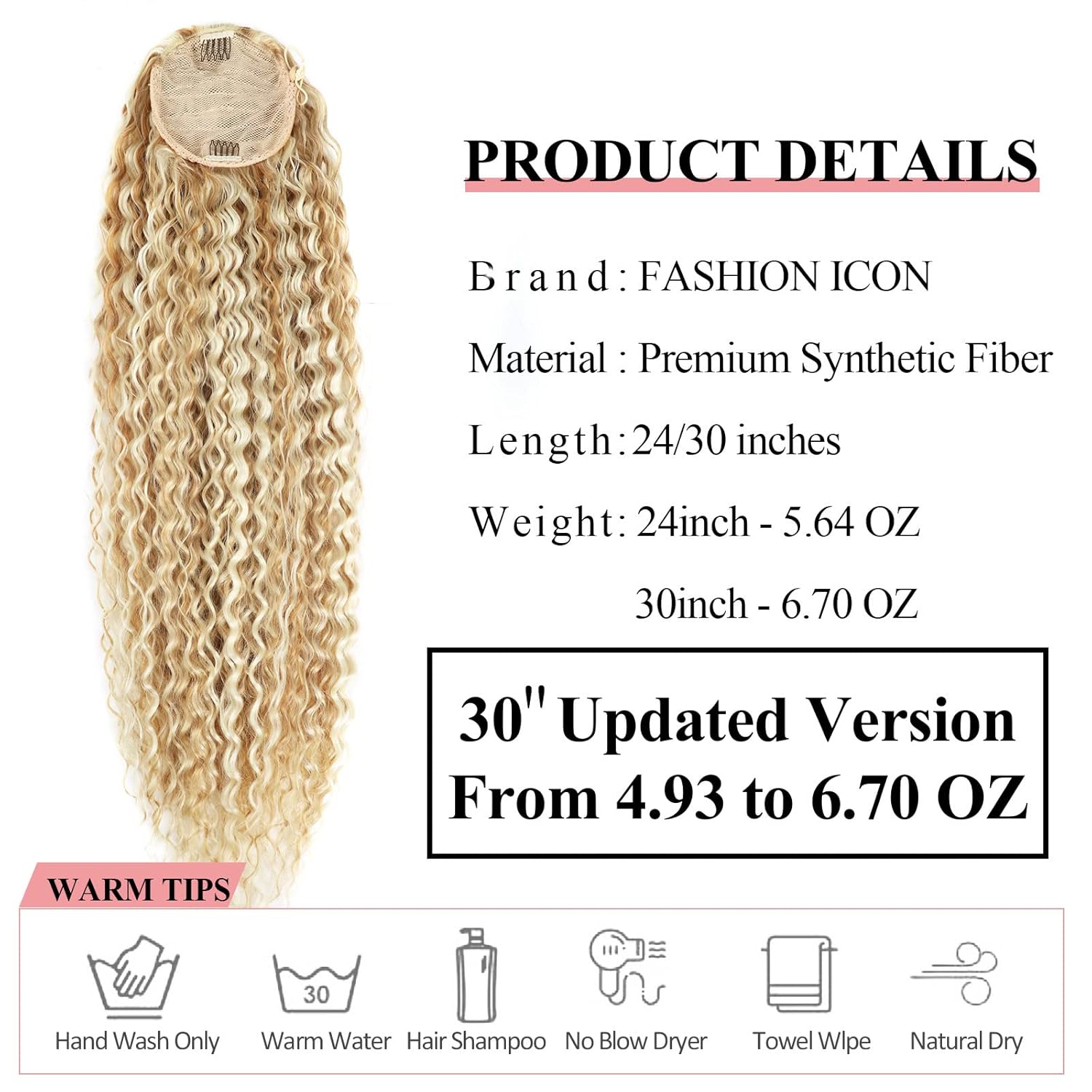 Fashion lcon 30 inch Long Drawstring Ponytail Extensions Highlights Clip in curly Ponytail Hair Extensions Natural Brown Mix Blonde Synthetic Long Drawstring ponytail for Women Blonde(#P18/613)