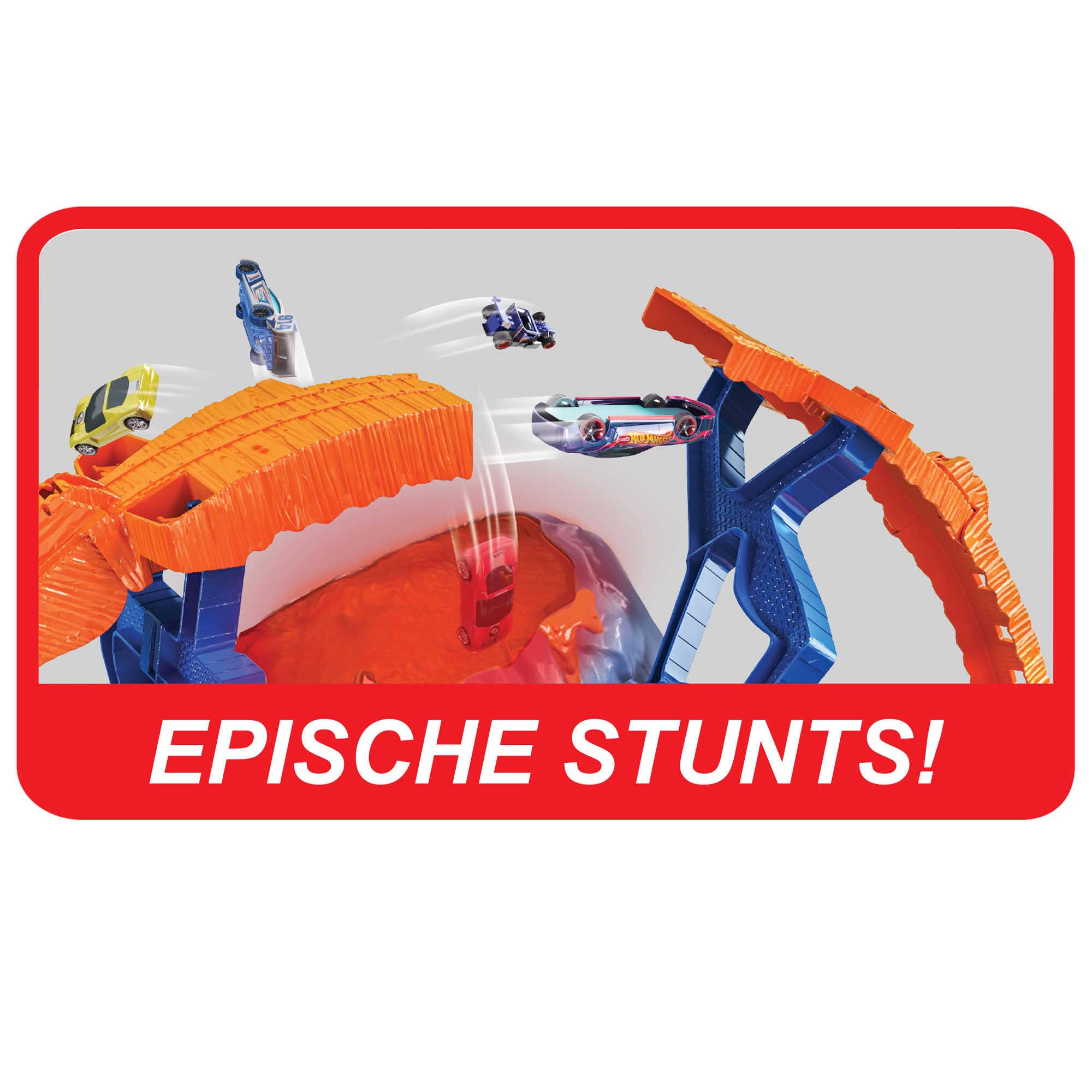 Hot Wheels Autorennbahn Monster Truck T-Rex Vulkan Area, inkl. 1 Monstertruck/1 Spielzeugauto/2 Starter, mit Beleuchtung und Geräuschen, Auto Spielzeug, Spielzeug ab 4 Jahre, GYL14