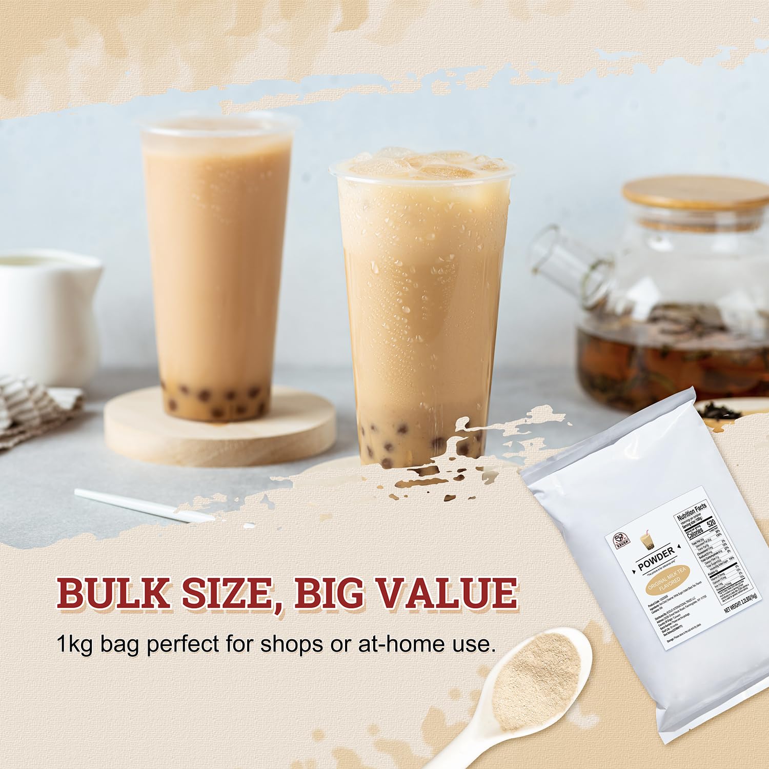 52USA Milk Tea Flavored Powder (3-in-1) 1kg – Instant Pre-Mixed Beverage Powder with Cream, Sugar & Milk Tea Flavor for Hot or Cold Drinks & Frappes