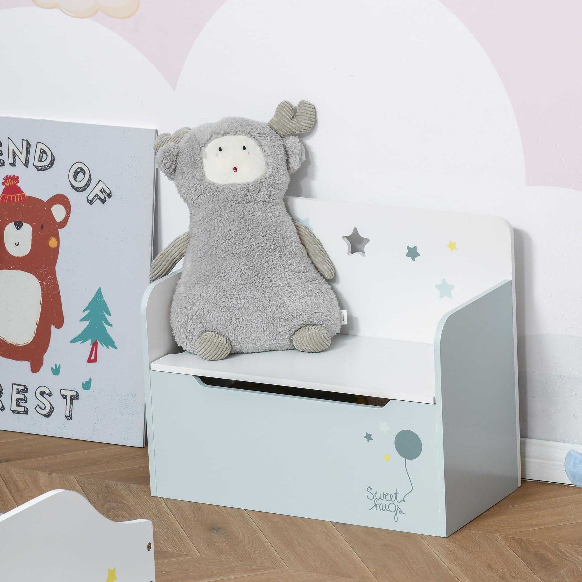 HOMCOM Panca Contenitore Portagiochi 2 in 1 in Legno, Cassapanca con Schienale per Bambini da 3-6 Anni, 60x30x50 cm, Azzurro