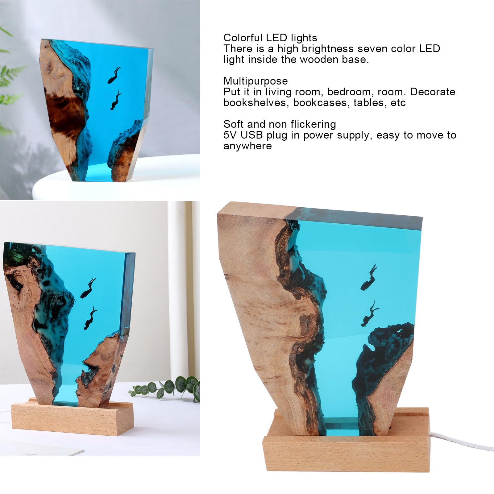 Żywica Ocean Diver lampka nocna, ręcznie wykonana drewniana lampka nocna LED z 7 kolorowym oświetleniem, do biura, sypialni, salonu