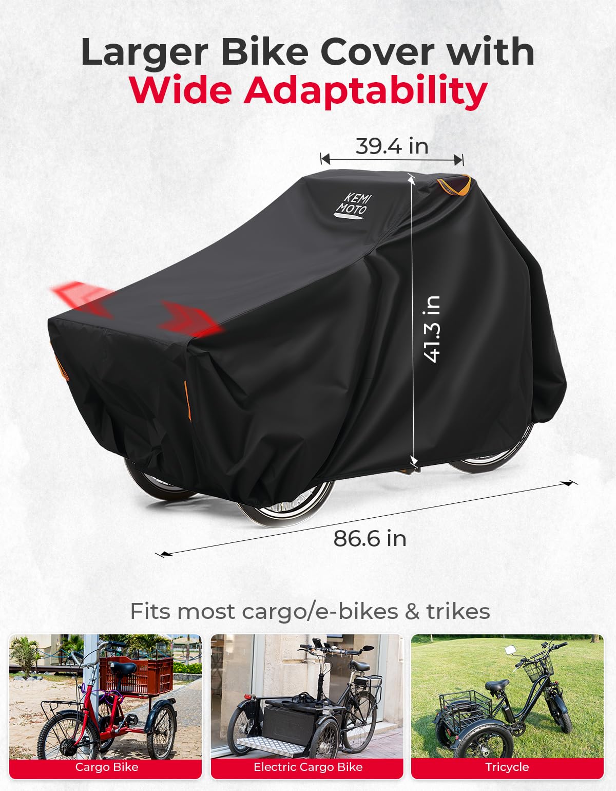 KEMIMOTO Housse de vélo cargo d'extérieur, 420D très résistante, housse de pluie extra longue, imperméable, protection UV, coupe-vent, pliable, pour tricycles adultes, vélos à 3 roues, vélos cargo
