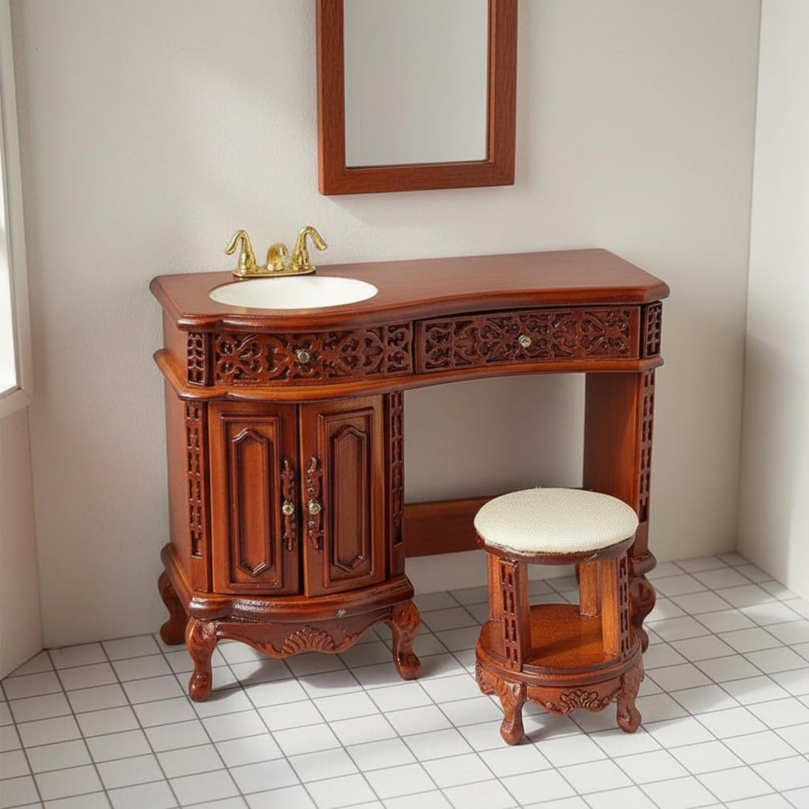 Toeletta in Miniatura per Casa Delle Bambole Toeletta Sgabello Mobile Lavabo Specchiera Legno Lucidato con Rubinetto Finiture Europee Cassetto