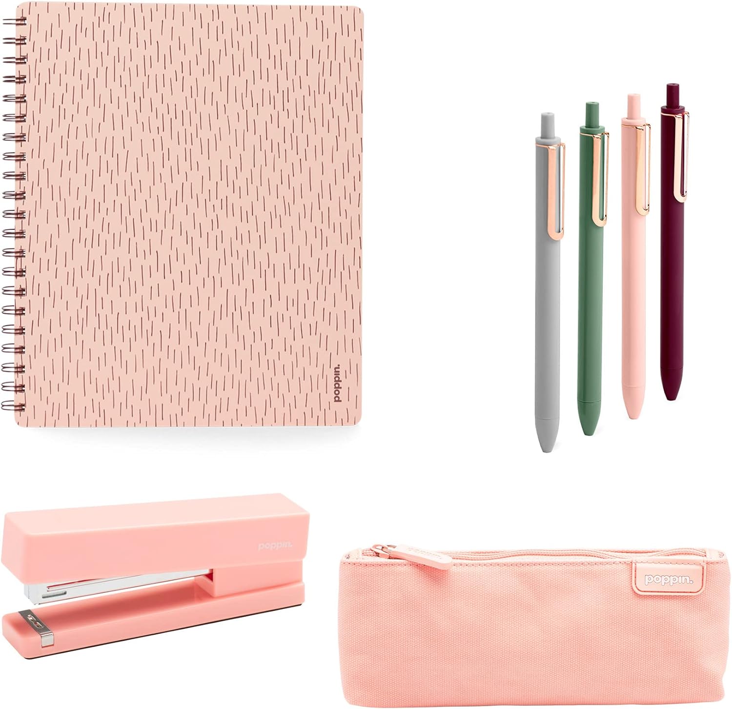 Poppin Basics Kit - Blush, Elements One Subject Notebook with Matte Laminated Cover, Stapler, Pencil Pouch, and Set of Four Retractable Gel Luxe Pens, Complete Office Basics Kit