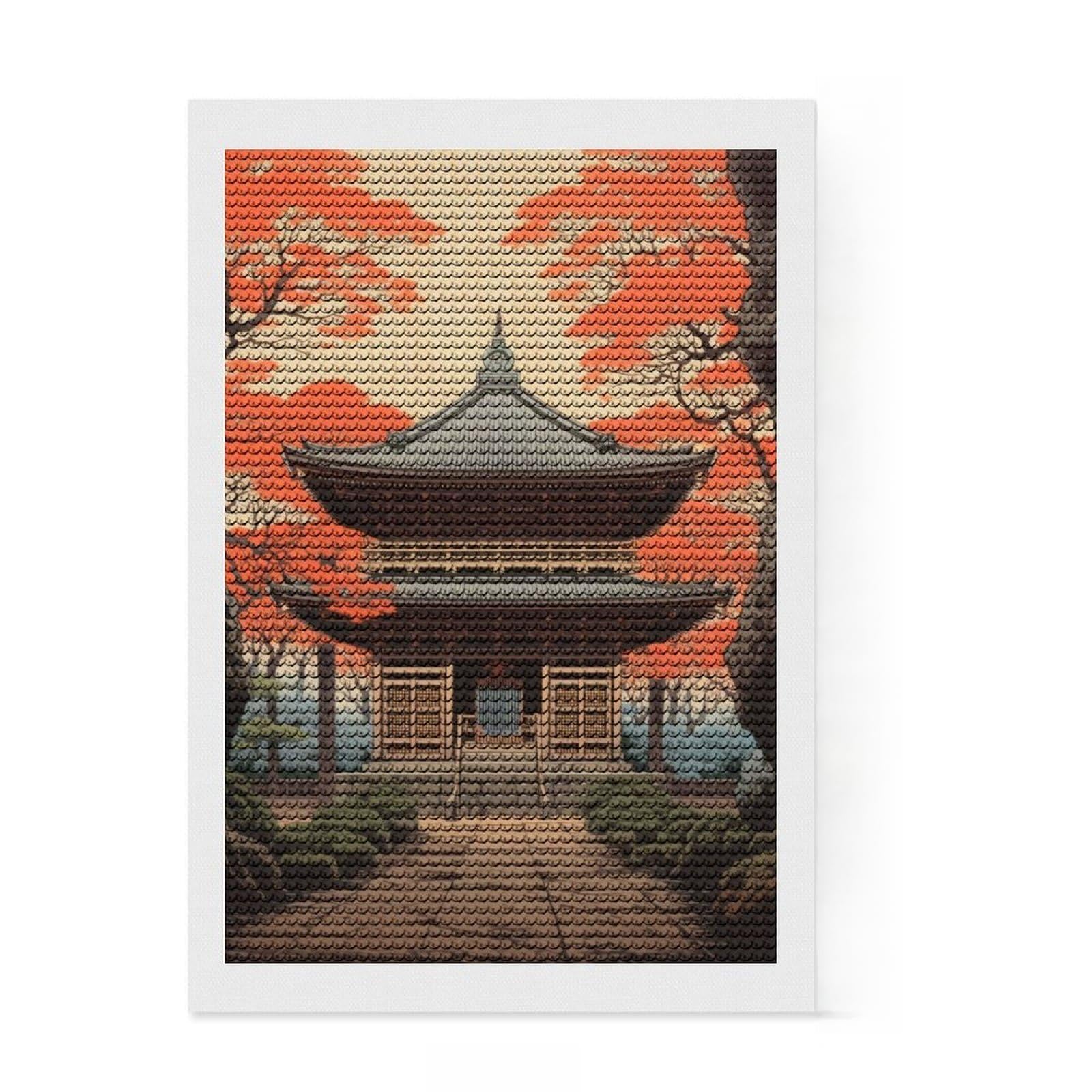 Junmoney Temple Japanese Painting Diamond Painting Kit 8"x12", Gift Idea, Mindful Craft Project, Full Kit Included, Decorative Artwork