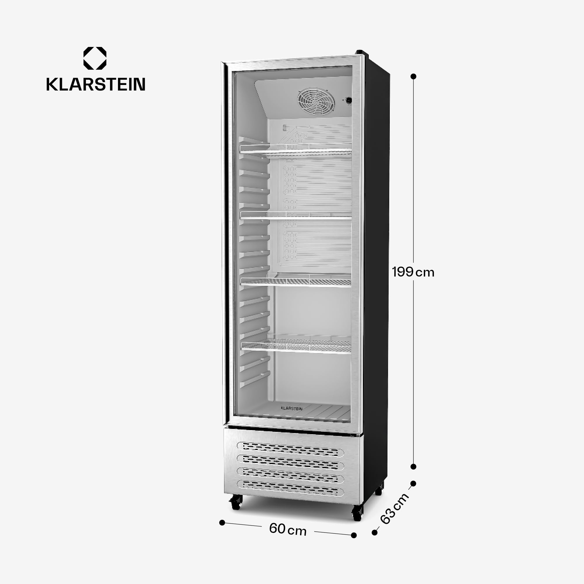 KLARSTEIN GrandCooler 306 L Réfrigérateur à Boissons - Vitrine Réfrigérée avec Porte Double Vitrage, Porte aluminium, Éclairage LED Blanc/Bleu, Thermostat 0°C à 10°C, 4 Étagères, Roues Pivotantes