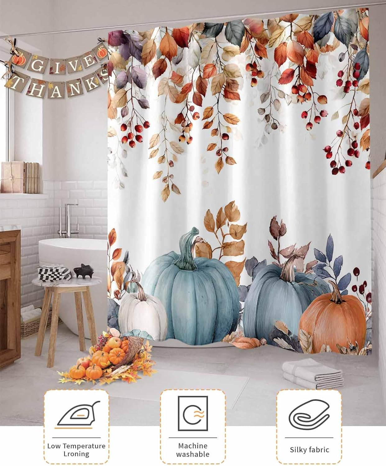 Blue Pumpkins Fall Shower Curtain Set - Waterproof Standard Shower Curtain 72 x 72 Inch, Thanksgiving Eucalyptus Leaves Autumn Polyester Fabric Bathroom Curtains with 12 Hooks, Bathroom Accessories
