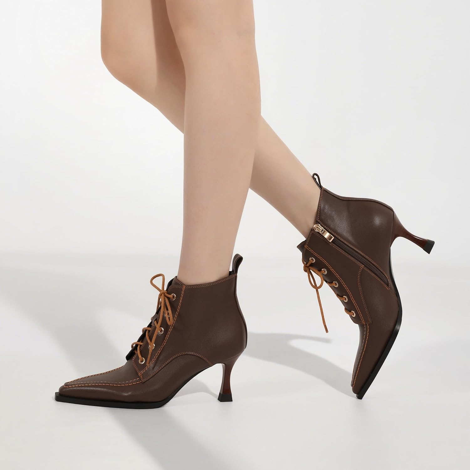 Women's Booties Stiletto High Heel Lace up Square Toe Side Zipper Leather Short Ankle Boots 3 Inches