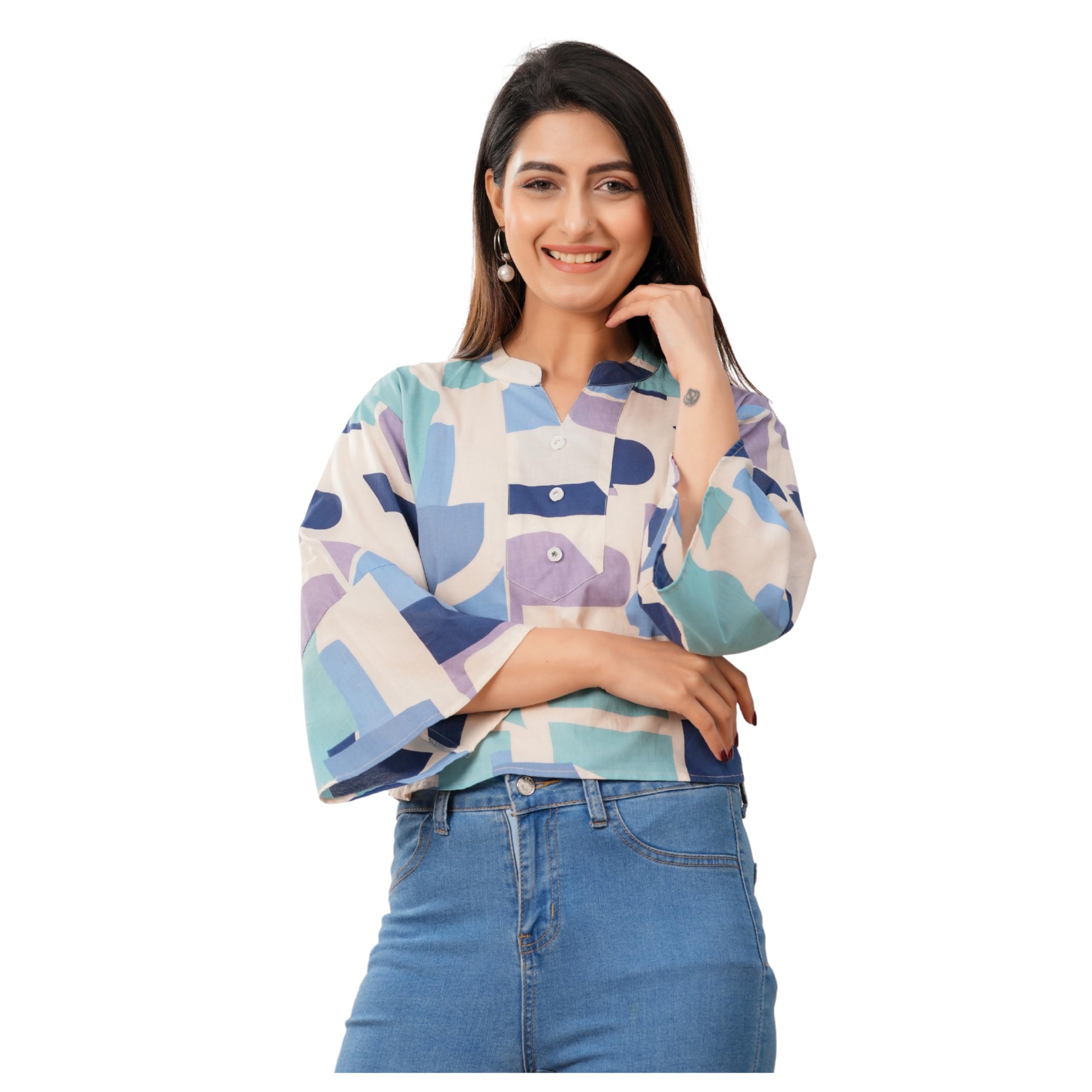 threadflix Geometric Print Women Cotton Top Casual Style with Cuffed Sleeves and Multicolor Design-picture-12