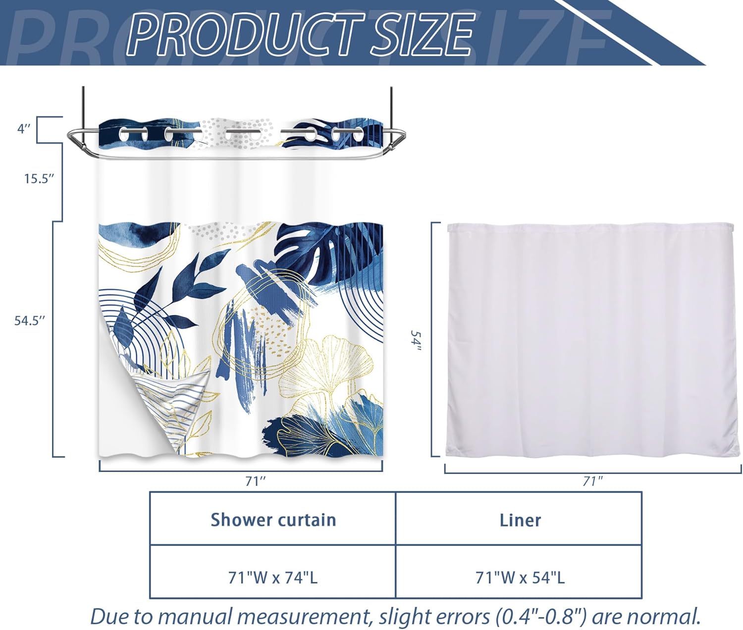 Navy Blue Hookless Shower Curtain with Snap in Liner, White and Dark Blue Leaf No Hook Double Layer Shower Curtain and Liner Set, Ringless with Window Waterproof Cloth Fabric, 71" W x 74" L