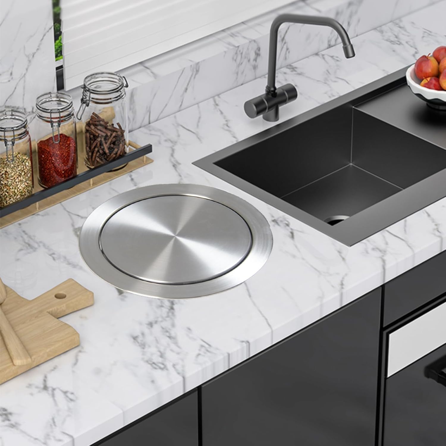 Kitchen Countertop Trash Lid, Built-in Swing Bin Flap, Recessed 304 Stainless Steel Trash Can Cover, Round Waste Chute for Kitchen Office Desk Restaurant,430,430-26.8cm