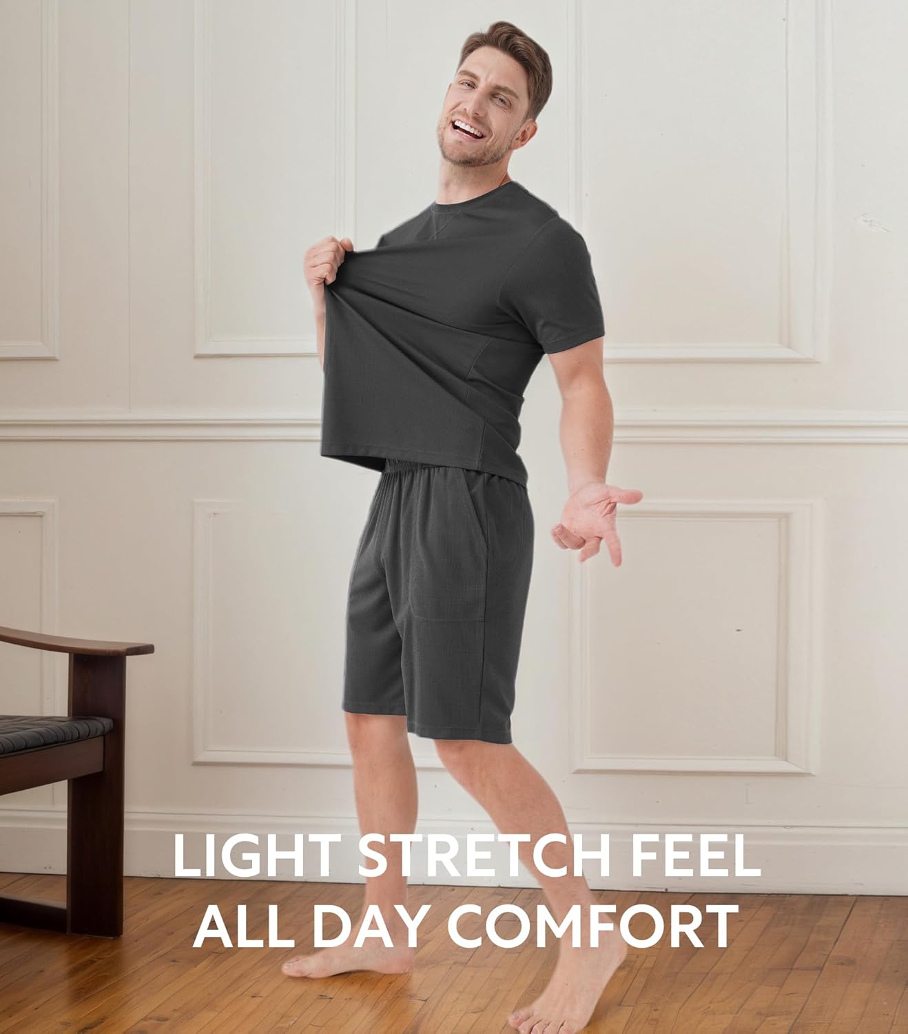 DAVID ARCHY Mens Pajamas Set Waffle Knit Short Sleeve Sleepwear Lightweight Summer Loungewear - Image 2