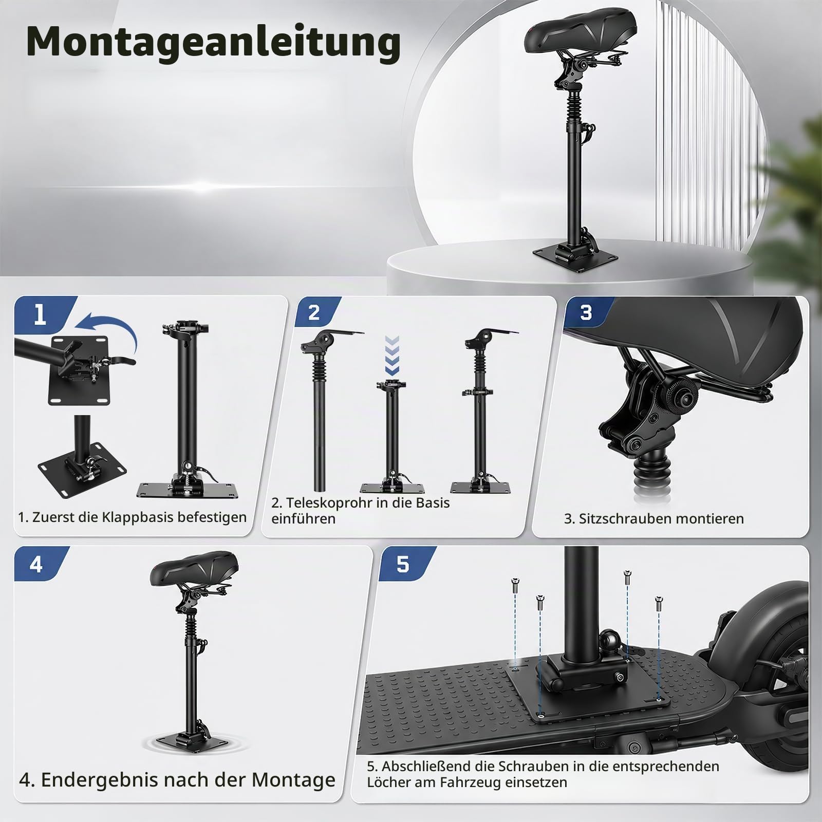 Elektro Scooter Sitz, Höhenverstellbarer Klappsitz für Elektroroller Erwachsene Kompatibel mit Segway Ninebot F3/E3/E3Pro Roller 45-65CM Sitzhöhe mit Stoßdämpfender Sitz Tragbarer Schultergurt