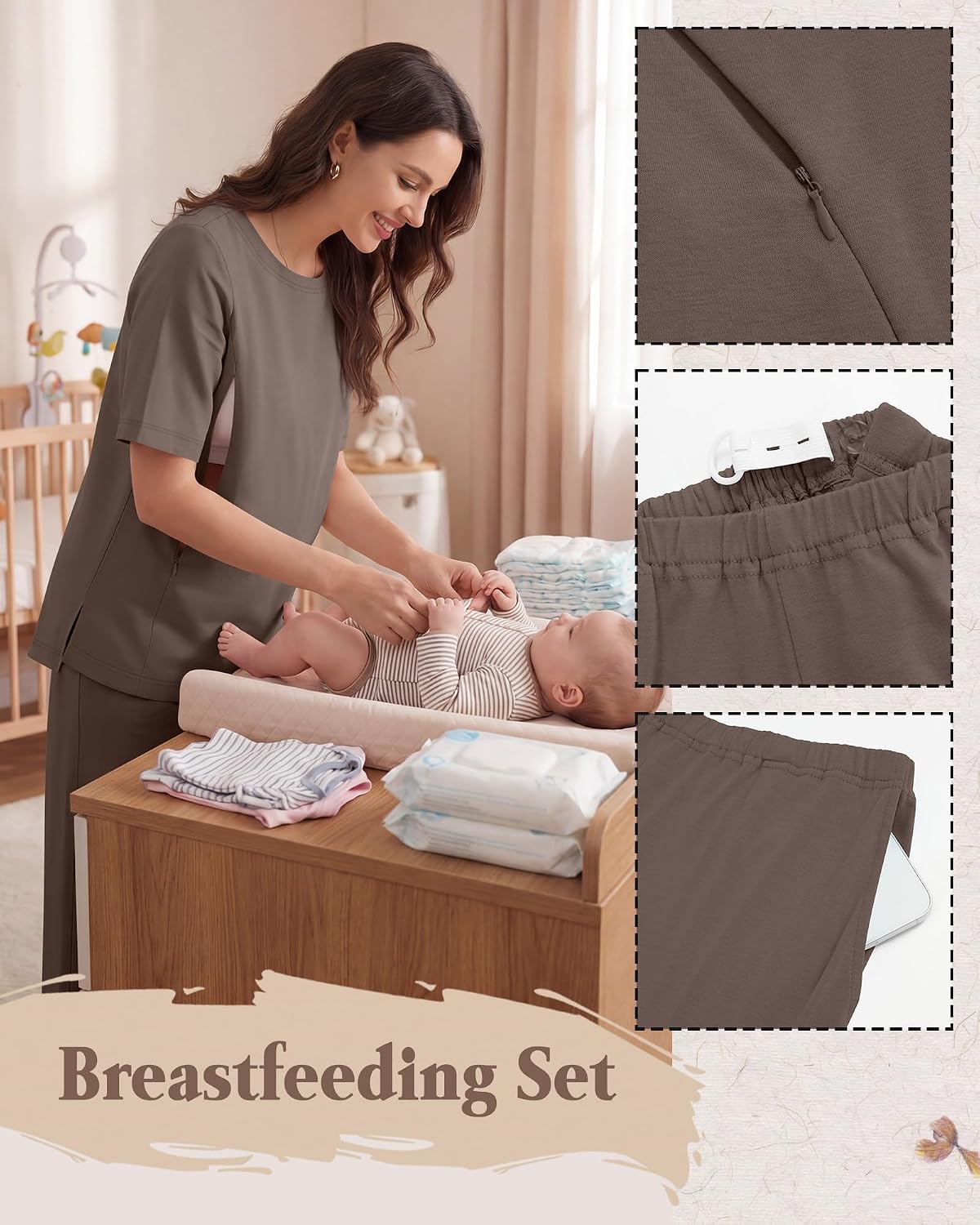 2 Piece Nursing Breastfeeding Set Maternity Pajamas with Hidden Zipper Postpartum Short Sleeve Lounge Outfit Set Pjs