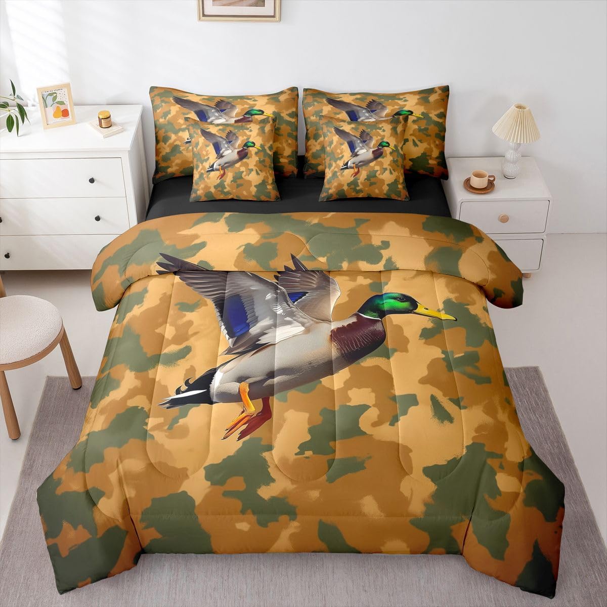 Feelyou Mallard Duck Comforter Set Twin Size 7 Pieces Camouflage Bedding Set for Kids Boys Girls Camo Duck Bed in a Bag with Comforter, Sheets, Pillowcases, Cushion Covers Military Style