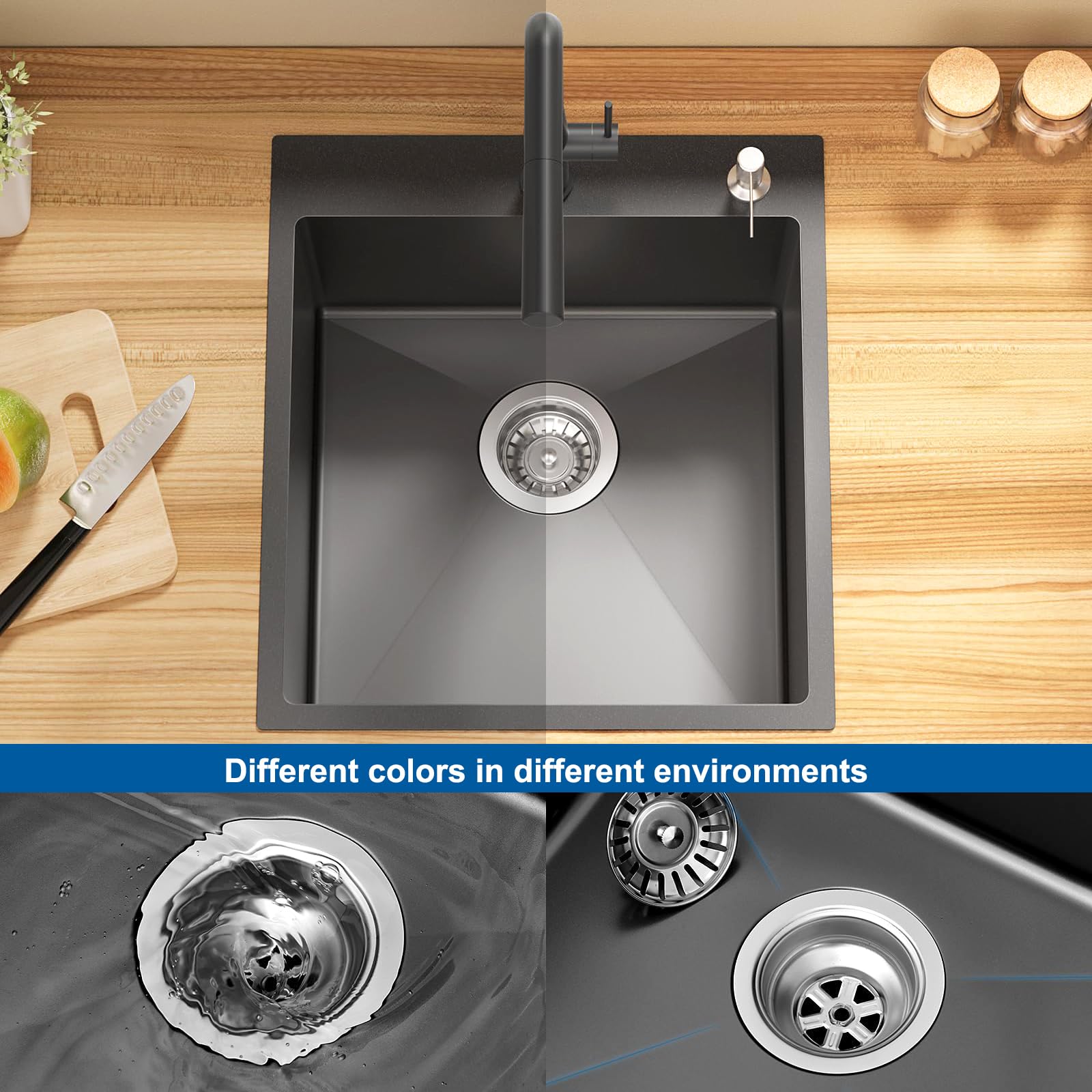Lavello da cucina in acciaio inox nero con montaggio sotto piano di lavoro piccolo lavello da cucina con accessori per scolapiatti, adatto per cucine, roulotte, bar e ripostiglio