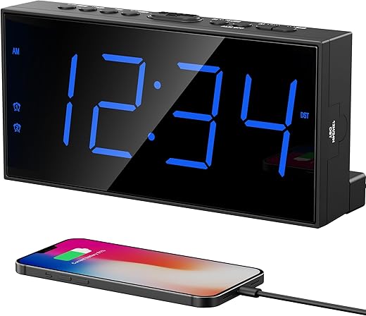 Large Display Alarm Clock for Bedroom, Easy to Read 7.5 LED Clock with Big Numbers, Dual Alarm for Couples, 5-Level Dimmer, Loud Alarm for Heavy Sleepers, USB Charger, Plug-in with Battery Backup