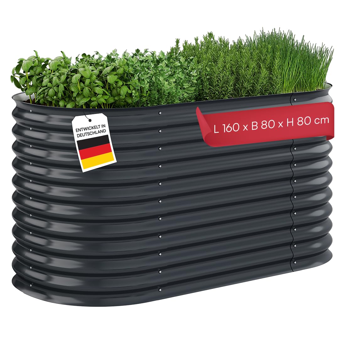 STEELSØN Hydra Hochbeet Metall – ovaler Pflanzenkasten 160x80x80 cm – Gemüsebeet Anthrazit – Beet für Garten & Balkon – Pflanzenbeet aus verzinktem Stahl – Kräuterbeet – Gartenbeet mit Kantenschutz