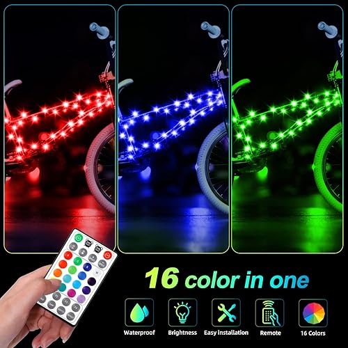 Miniatura 2 de Luz de marco de bicicleta, luces LED para bicicleta, tira de luz impermeable RGB, control remoto, cambio de 16 colores, ultra brillante, mantiene tu