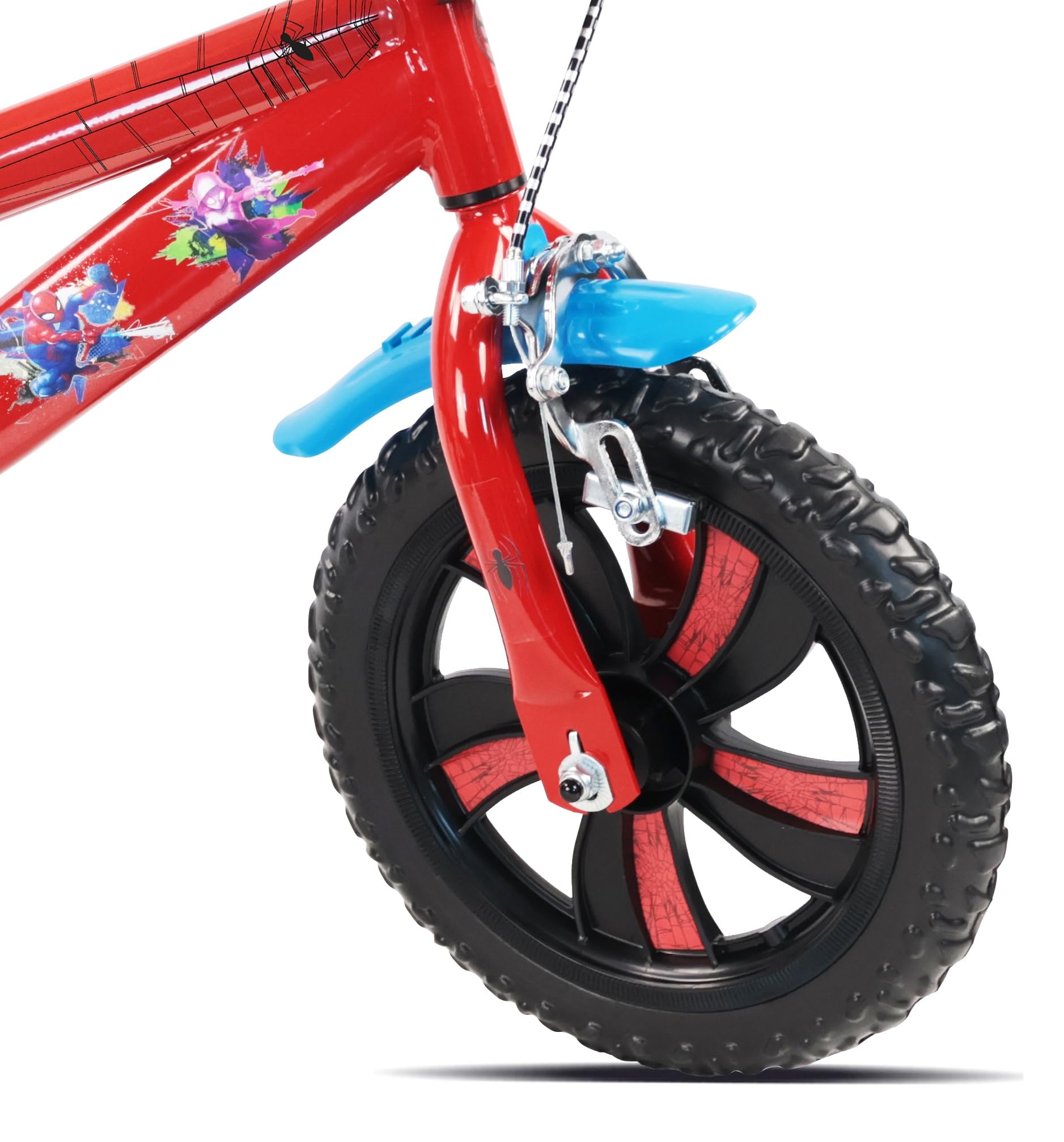 Vélo 12" Spiderman de Marvel/Disney - 1 Frein - Pignon Fixe - Pneus Increvables EVA - Roues Bâtons - Plaque - 2 Stabilisateurs - Garde Boue - Carter de Protection - Bidon arrière