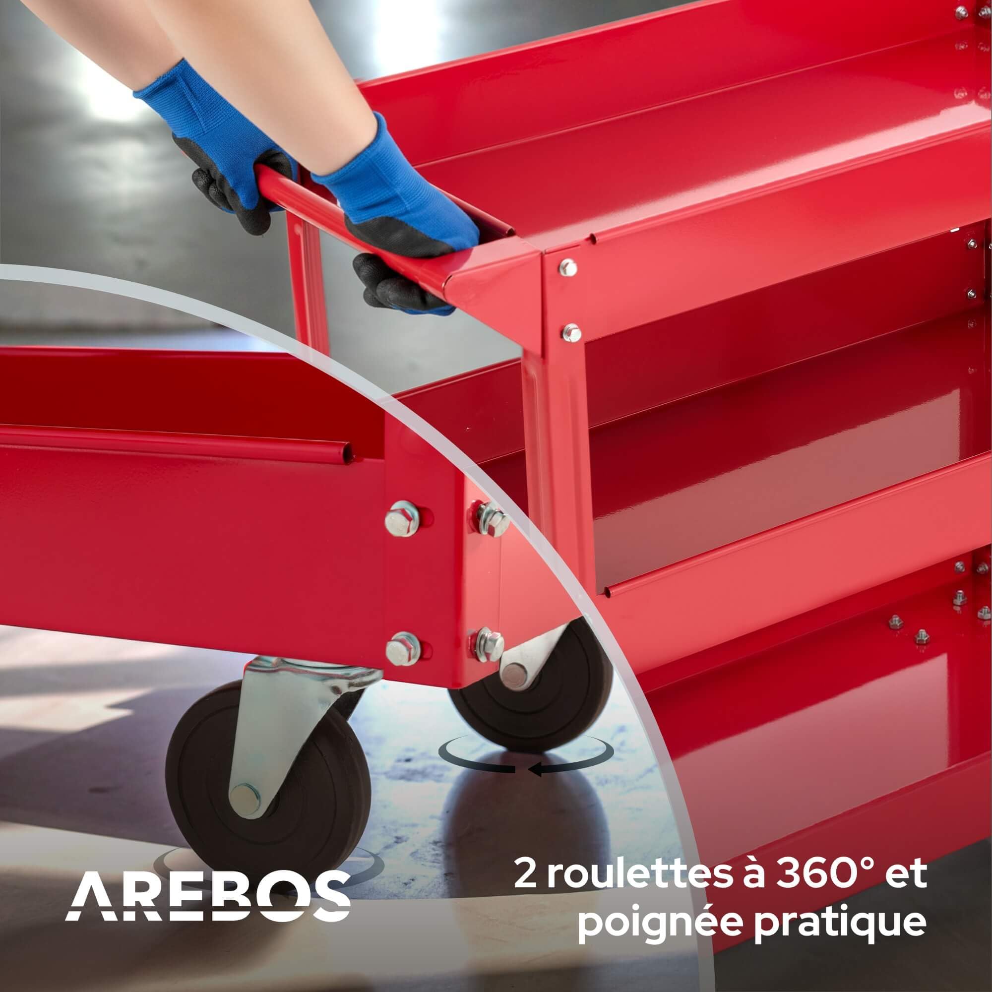 Arebos Lot de 2 Chariots d’Atelier avec 3 Étagères | Structure Robuste en Acier | Capacité Jusqu’à 120 kg | Chariot Mobile pour Atelier, Garage et Bricolage