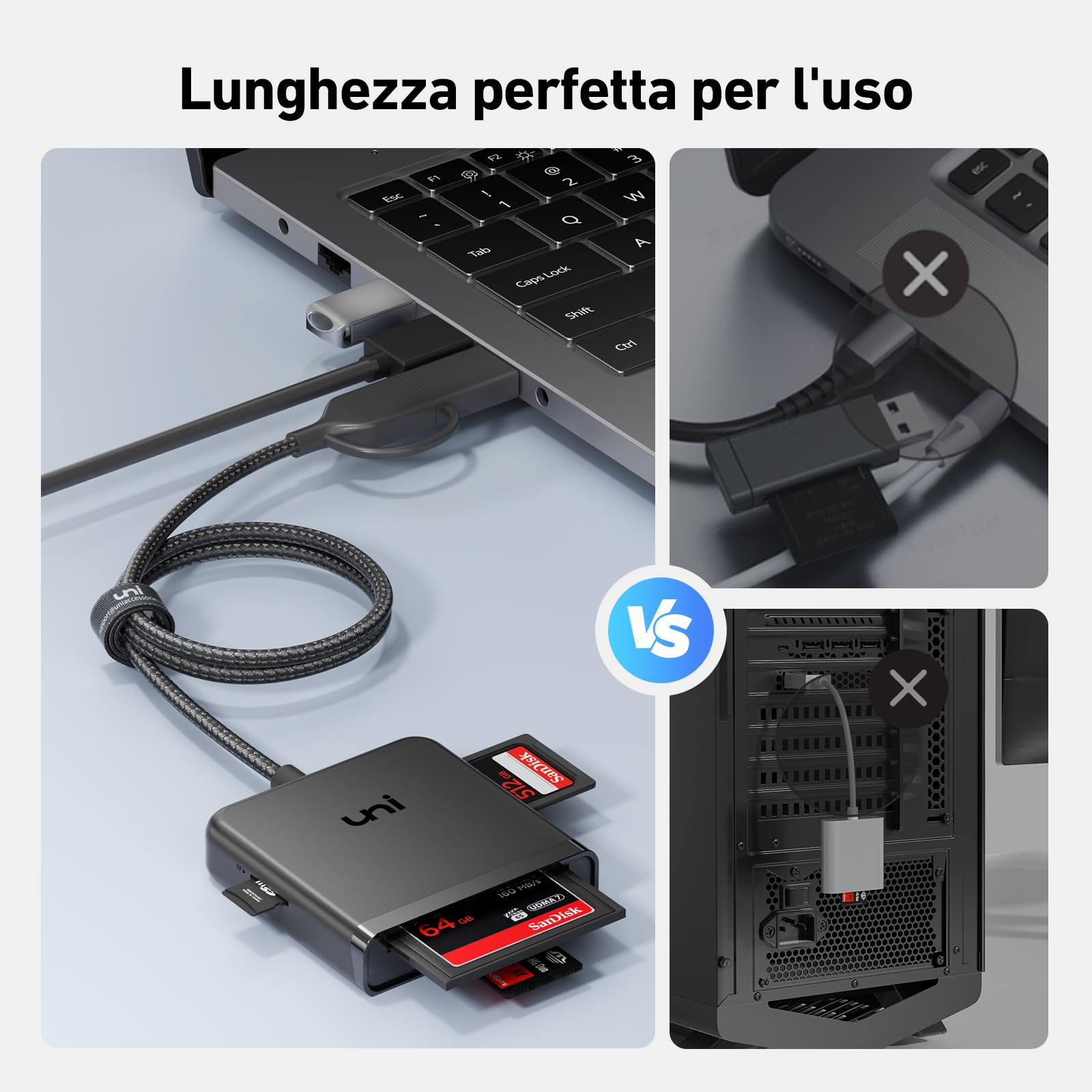 uni Lettore di schede SD, 4-in-1 Lettore schede USB 3.0 e USB C con Cavo in Nylon da 60 cm, SD Card reader per SD/CF/MS Duo/SDHC/SDXC, Compatibile per Windows/Mac OS/Chrome OS/Linux ECC