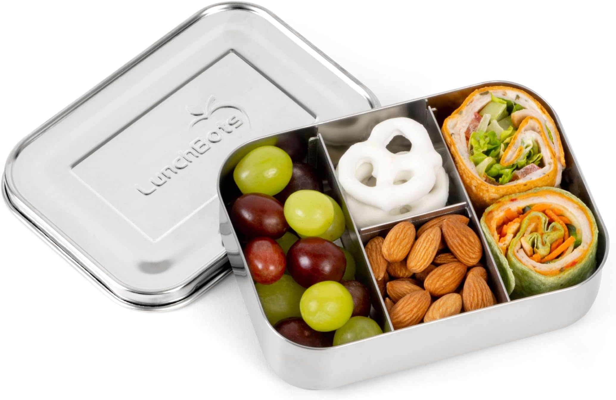Small Protein Packer Bento Box - Extra Small Divided Stainless Steel Snack Container - 4 Sections for 1-2oz of Nuts, Meat, Cheese, Finger Foods - Dishwasher Safe - Stainless Lid