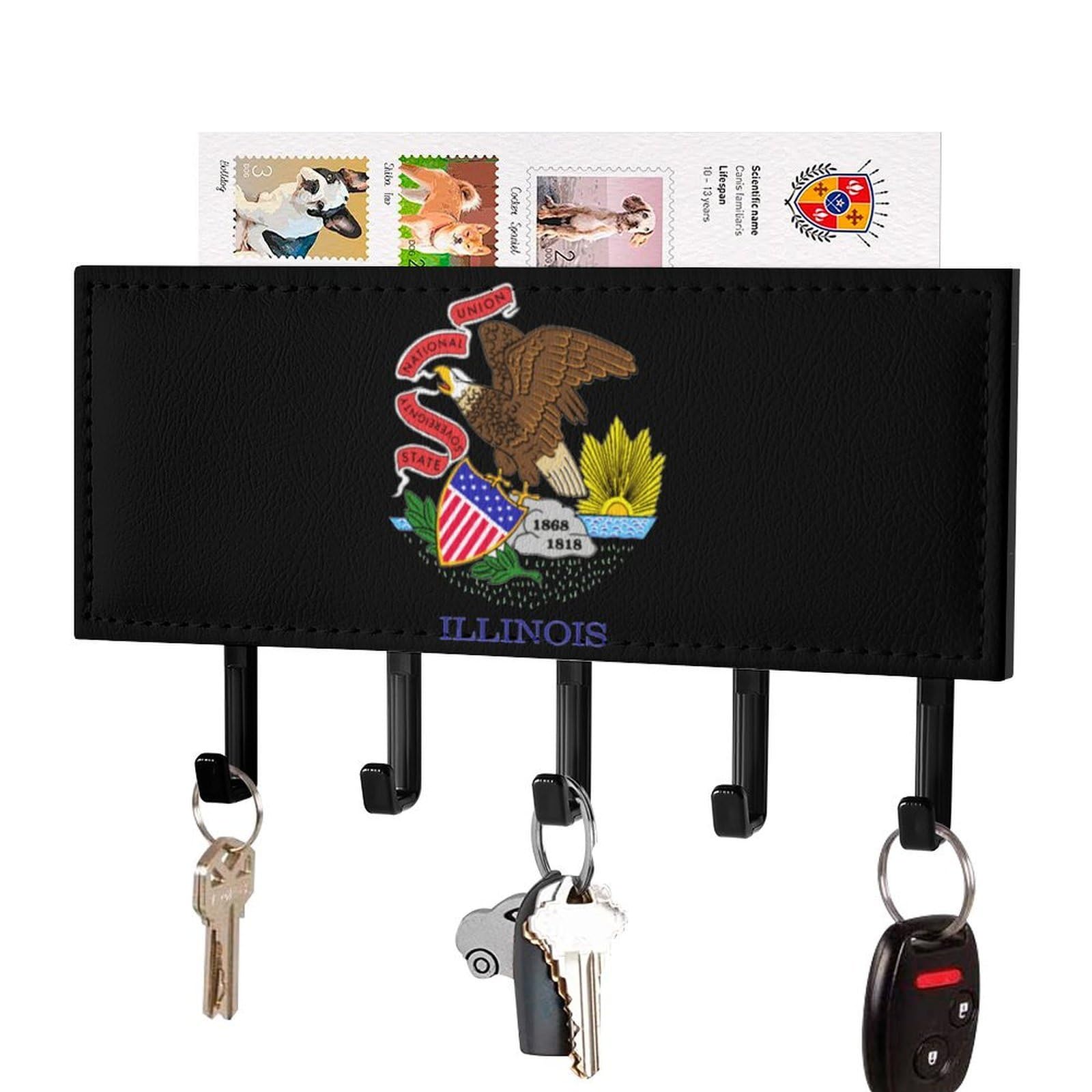 NCLQVJXZKHW Illinois State Flag Key Holder with 5 Hooks Key Hooks Wall Mounted Key Racks Key Hanger Organiser Shelf