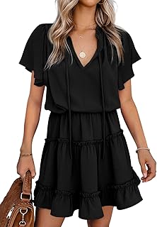 Womens Spring Summer 2025 Short Sleeve Split V Neck Ruffle Chiffon Elegant Mini Short Skirt Dresses - Buy now