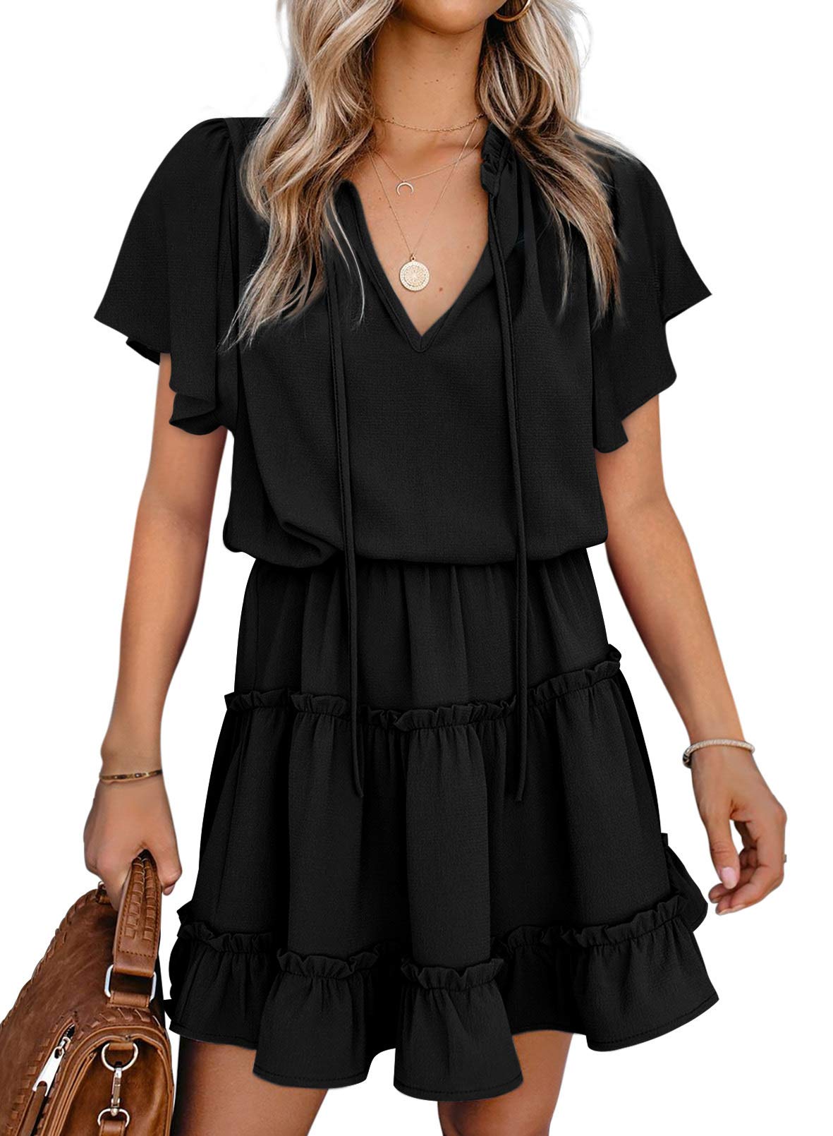 Dokotoo Womens Spring Summer 2025 Short Sleeve Split V Neck Ruffle Chiffon Elegant Mini Short Skirt Dresses