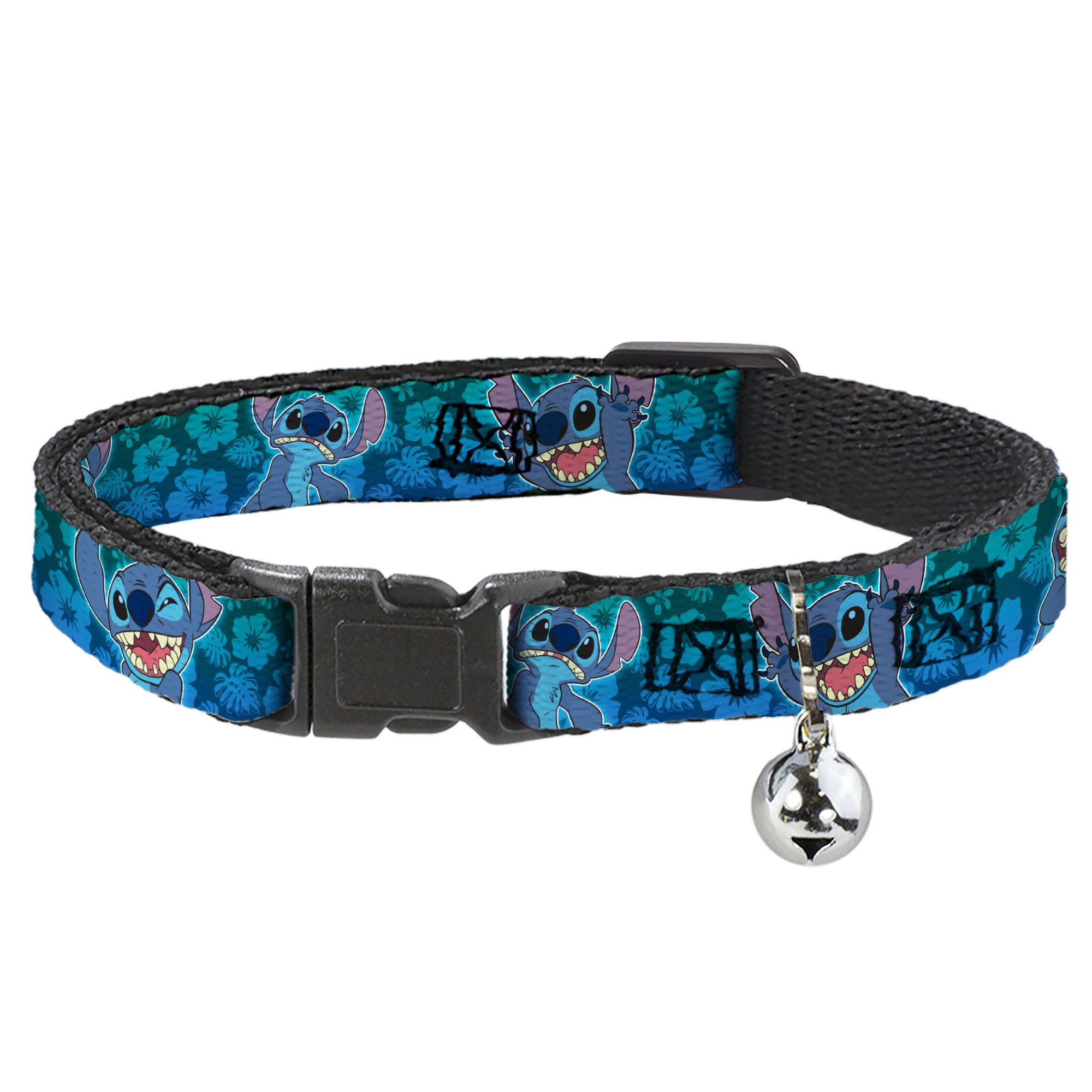 Buckle-Down Breakaway Cat Collar - Stitch Expressions/Hibiscus Collage Green-Blue Fade - 1/2" Wide - Fits 8-12" Neck - Medium