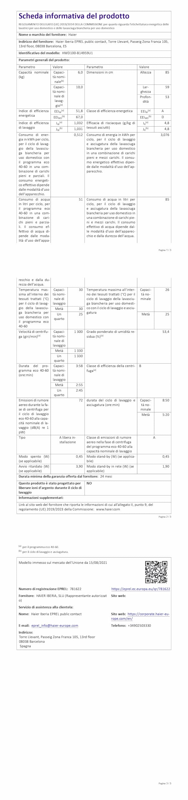 Haier I-Pro Serie 5 Lavasciuga 10+6 Kg, Libera Installazione, Carica Frontale, 1400 Giri, Classe A, Trattamento Antibatterico, Rilevamento Carico, Vapore, AxLxP 85x59,5x53, Bianca - HWD100-B14959UIT