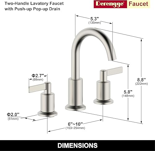 Miniatura 8 de Grifo de baño generalizado de oro cepillado Grifo de lavabo de baño de dos manijas con drenaje emergente de plástico, grifo de lavabo de 8 pulgadas